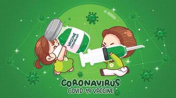 niña y niño con vacuna contra el coronavirus ilustración de arte de dibujos animados de jeringa de inyección de coronavirus vector