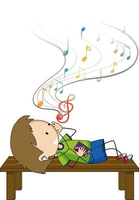 Doodle cartoon character of a boy listening music while laying on brench