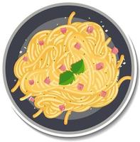 Top view of paghetti carbonara dish sticker on white background vector