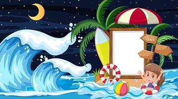 Kids on vacation at the beach night scene with an empty banner template vector