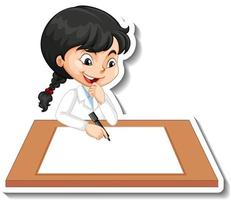 Pegatina de personaje de dibujos animados con una niña escribiendo en papel en blanco vector