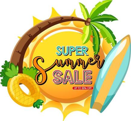 Super Summer Sale banner with beach elements isolated