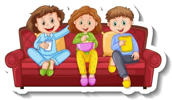 A sticker template with three children sitting on sofa