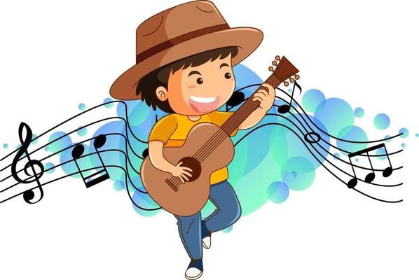 Cartoon character of a boy playing guitar with melody symbols