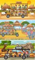 Conjunto de diferentes escenas horizontales de safari con personajes de dibujos animados de animales y niños vector