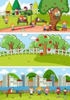 Set of different horizontal scenes background with doodle kids cartoon character vector