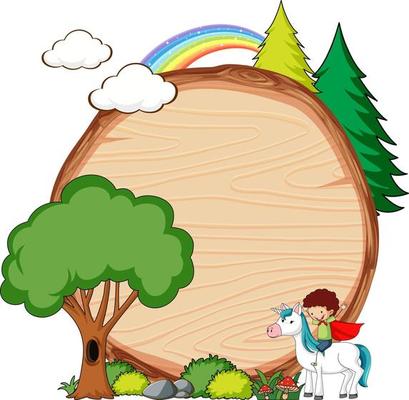 Empty wooden banner with fairy tale cartoon character and elements isolated