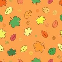 Autumn leaves pattern. Doodle leaf seamless background. Yellow, red and green maple. Vector illustration