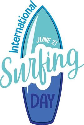 International Surfing Day font on surfboard banner isolated