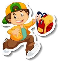 Sticker template with a boy holding backpack isolated vector