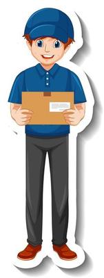 A sticker template with courier man in uniform holding boxes