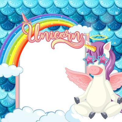 Empty banner with cute pegasus cartoon character on pastel mermaid scales