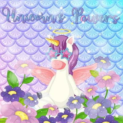 Cute unicorn on rainbow fish scales background