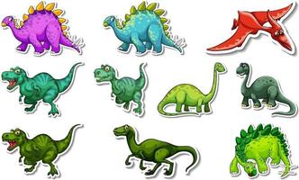 Sticker set with different types of dinosaurs cartoon characters vector