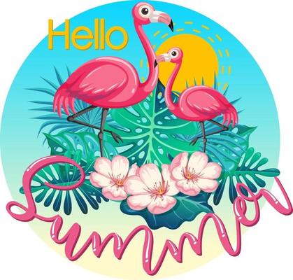 Hello Summer logo banner with flamingo and tropical leaves isolated