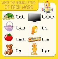 Write the missing letter of each word worksheet for children vector