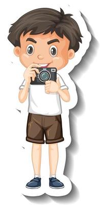 A sticker template with a cute boy holding camera cartoon character