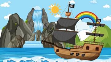 Ocean with Pirate ship at day time scene in cartoon style vector