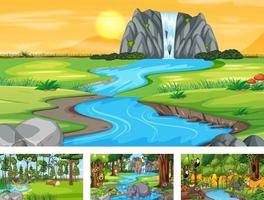 Set of different forest horizontal scene with various wild animals vector