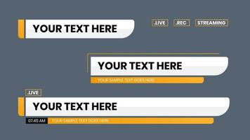 diseño de tercer vector inferior con video de texto de tira superpuesta de forma amarilla. noticias paquete de tercios inferiores.