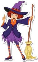 A witch with broom cartoon character sticker vector