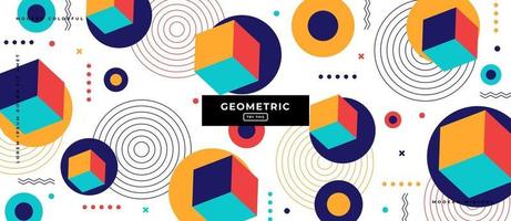 Geometric Memphis Style Cube and Circle Shapes Background. vector