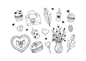 Set of hand drawn Valentines Day design elements. Vector illustration in sketch style