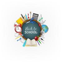 Back to school background with realistic school supplieas around a round chalkboard vector