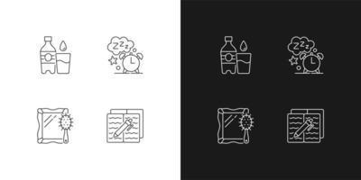 Daily schedule and routine linear icons set for dark and light mode. Watter bottle. Sleep time. Alarm clock. Customizable thin line symbols. Isolated vector outline illustrations. Editable stroke