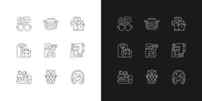 Daily routine linear icons set for dark and light mode. Alarm clock for work. Office worker activities. Customizable thin line symbols. Isolated vector outline illustrations. Editable stroke