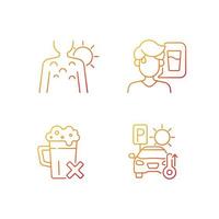 Sunstroke precaution gradient linear vector icons set. Sunburn on person skin. Avoid alcohol, staying in hot car. Thin line contour symbols bundle. Isolated vector outline illustrations collection