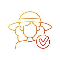 Wearing wide brimmed hat gradient linear vector icon. Woman in outfit for beach. Heatstroke prevention. Thin line color symbols. Modern style pictogram. Vector isolated outline drawing