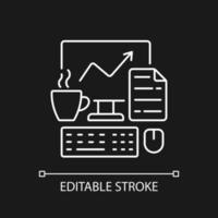 Computer office white linear icon for dark theme. Freelancer workplace. Worker desk. Daily workflow. Thin line customizable illustration. Isolated vector contour symbol for night mode. Editable stroke