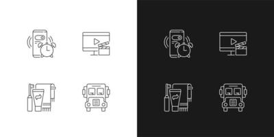 Student everyday routine linear icons set for dark and light mode. Alarm clock for morning. Daily schedule. Customizable thin line symbols. Isolated vector outline illustrations. Editable stroke