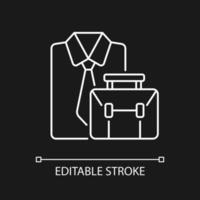 Formal clothing and briefcase white linear icon for dark theme. Professional worker outfit and bag. Thin line customizable illustration. Isolated vector contour symbol for night mode. Editable stroke