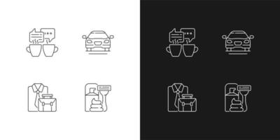 iconos lineales de actividades diarias establecidos para el modo oscuro y claro. reunirse tomando un café con amigos. coche sedán. símbolos de línea fina personalizables. ilustraciones de contorno de vector aislado. trazo editable