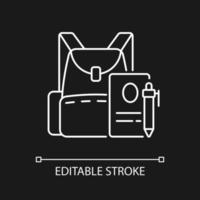 Backpack white linear icon for dark theme. Preparing for school classes. Rucksack with college item. Thin line customizable illustration. Isolated vector contour symbol for night mode. Editable stroke