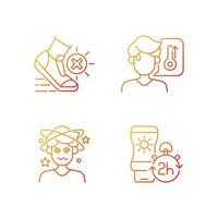 Heatstroke prevention gradient linear vector icons set. Avoid exercising during summer heatwave. Apply sunscreen. Thin line contour symbols bundle. Isolated vector outline illustrations collection