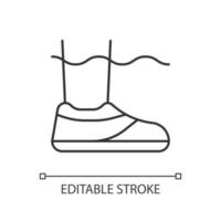 Water shoes linear icon. Walking in wet, rocky environments. Protecting feet from sharp objects. Thin line customizable illustration. Contour symbol. Vector isolated outline drawing. Editable stroke