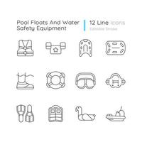 Pool floats and water safety equipment linear icons set. Personal flotation device. Lifesaving equipment. Customizable thin line contour symbols. Isolated vector outline illustrations. Editable stroke