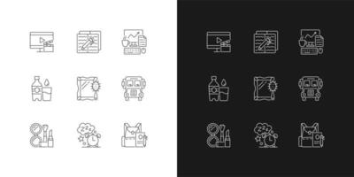 Everyday activities linear icons set for dark and light mode. Watching TV for entertainment at home. Customizable thin line symbols. Isolated vector outline illustrations. Editable stroke