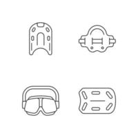 Swimming pool supplies linear icons set. Kickboard. Aqua jogger. Swimming goggles. Aquatic fitness. Customizable thin line contour symbols. Isolated vector outline illustrations. Editable stroke