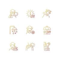 Heatstroke risk during summer gradient linear vector icons set. Sunburn on skin. UV rays. Avoid sunlight. Thin line contour symbols bundle. Isolated vector outline illustrations collection