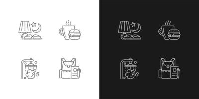 Everyday schedule and routine linear icons set for dark and light mode. Evening reading. Lunch meal. Customizable thin line symbols. Isolated vector outline illustrations. Editable stroke