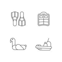 Summer vacations linear icons set. Swimfins. Double pool float. Children swim ring. Rescue boat. Customizable thin line contour symbols. Isolated vector outline illustrations. Editable stroke