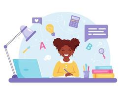 niña afroamericana estudiando con la computadora. aprendizaje en línea, concepto de regreso a la escuela. vector