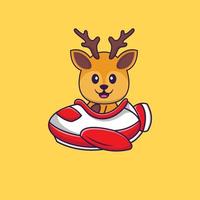 Cute deer flying on a plane. Animal cartoon concept isolated. Can used for t-shirt, greeting card, invitation card or mascot. Flat Cartoon Style vector