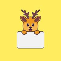 Cute deer holding whiteboard. Animal cartoon concept isolated. Can used for t-shirt, greeting card, invitation card or mascot. Flat Cartoon Style vector
