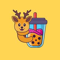 Cute deer Drinking Boba milk tea. Animal cartoon concept isolated. Can used for t-shirt, greeting card, invitation card or mascot. Flat Cartoon Style vector