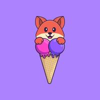 Cute fox with sweet ice cream. Animal cartoon concept isolated. Can used for t-shirt, greeting card, invitation card or mascot. Flat Cartoon Style vector